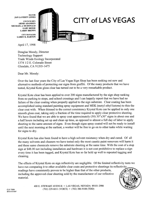 City of Las Vegas Letter page 1